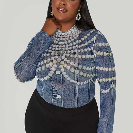 Tops Plus Size Woman Autumn Cute Long Sleeve Top Beads Printed Round Neck High Waist Shirts and Blouses Wholesale Dropshipping