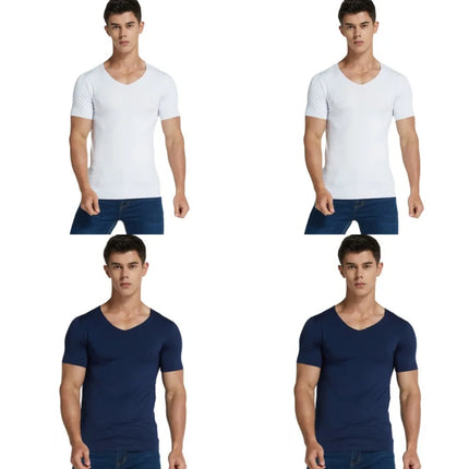 4Pcs Summer Ice Silk Men T-Shirt Vest Men's No Trace Sports Short Sleeve T-shirt Solid V-neck Tees Quick Dry Shirt Tops Fitness