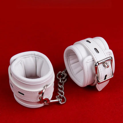 White Bondage Kit Leather Restraints Set Handcuffs Ankle Cuffs Collar and Leash Sexy Lingere Fetish Harness Woman Accessories