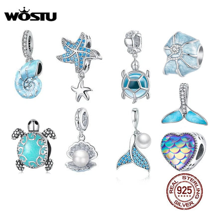 WOSTU 925 Sterling Silver Blue Conch Charm Ocean Bead Animal Turtle Starfish Pendant Fit Original Bracelet Necklace DIY Jewelry