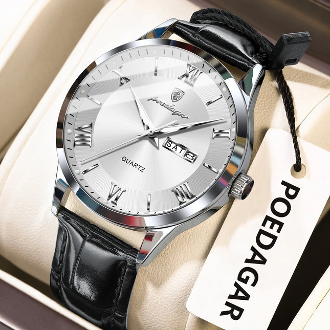POEDAGAR Classic Luxury Men's Wristwatch Date Week Leather Business Man Watch Waterproof Luminous Fashion Quartz Watches For Men