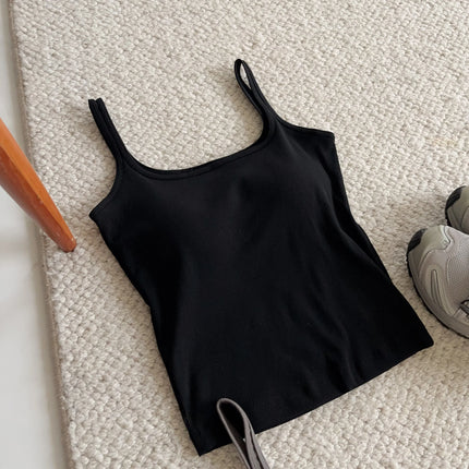 Women's Vest with Built-in Bra Pad Elastic Ribbed Square Collar Csole Tank Top ort Length  Color Versatile Summer F...