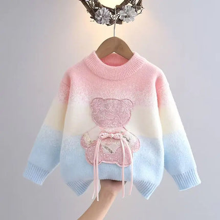 Fringe Bear Girls Sweaters New Fall Winter Children Cartoon Pullover Appliques Teenagers Knit Sweater Cozy Furry Sweater HY12111
