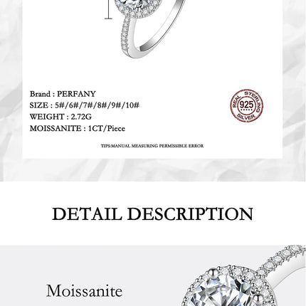 PERFANY Moissanite Ring For Women S925 Pure Silver Plated 18K White Gold Round Diamond Proposal Wedding High-end Jewelry