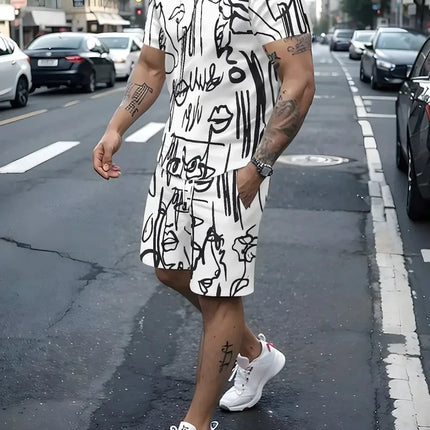 2025 Summer Men's Clothing Letter Print Short Sleeve Top Men's Elastic Waist Shorts 2-piece Set Plus Size T Shirts Shorts Set