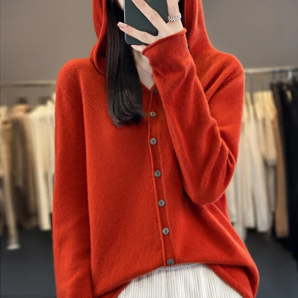 Women's Seamless Wool Hooded Cardigan Women's Autumn And Winter Loose Relaxed Long Sleeve Cashmere Knitted Large Top