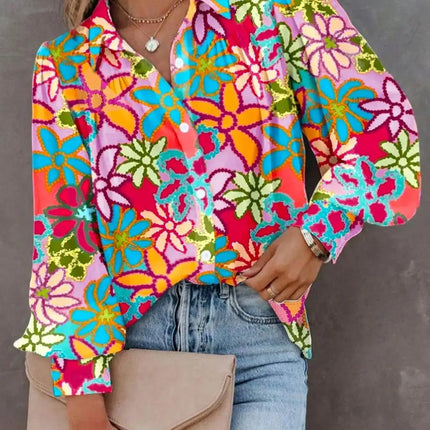 Women Fashion Plus Size 1XL-5XL Women's  Lapel Floral Print Shirt Ladies Casual Elegant Blouse Long Sleeve Shirt