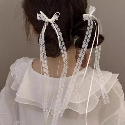 Fashion Y2K Lace Cream White Bow Ribbon Hair Clip for Women Hairpins Bullet Style Side Shredded Hairpin Headpiece Clip Headwear