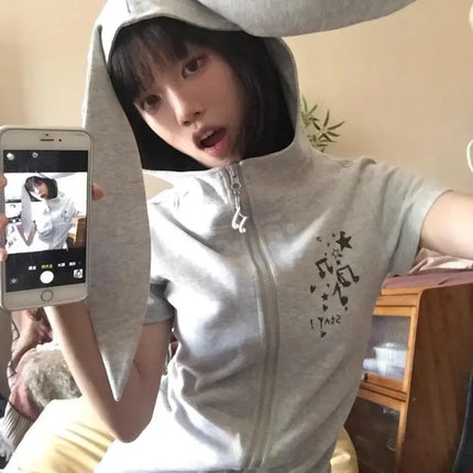 Japanese Kawaii Long Sleeve Hoodie Women Casual Dog Ears Patchwork Sweatshirt Button Sweet Harajuku Cartoon 2025 Autumn