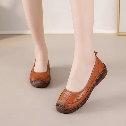 New Real Leather Perforated Ballet Flats Women's Massage Insole Slip On Moccasins Woman Hollow Loafer Casual Daily Shopping Shoe