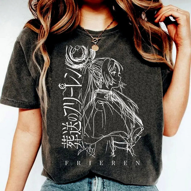 Manga Frieren Graphic T-shirt Casual Pure Cotton Short Sleeve Anime Tees Vintage Washed T Shirt for Men Women Clothing