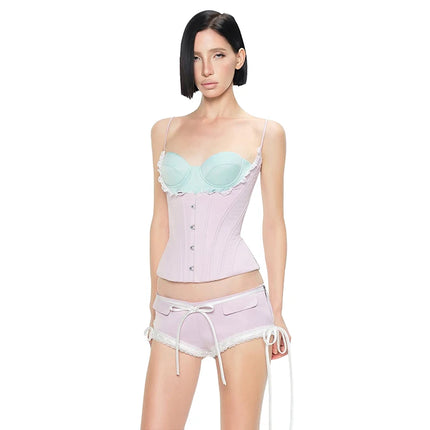 Weird Puss Sweet Camisole Women Low-Neck Lace Patchwork Irregular Single Breasted Y2K Wild Summer Valentine's Day Clubwear Tops
