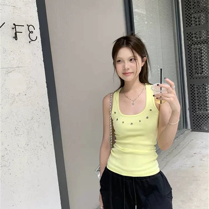 White Hollow out Work Letter Strap Vest Women Summer Design Unique American Spicy Slim Fit Svel Top Outerwear