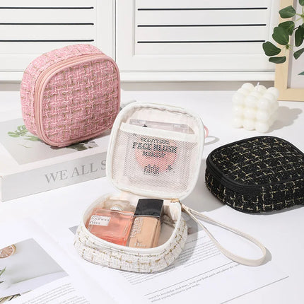 Women Makeup Pouch TikTok Viral Organizer Bag, Tweed Fabric Cosmetic Case with Long Handle for Travel Toiletries Sanitary Pads