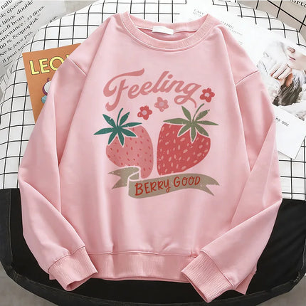 2026 Fashion Strawberry Womens Hoodies Basic Warm Fleece Sweatshirt Soft Y2k O-Neck Pullover Casual Female Clothes