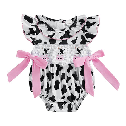 Pudcoco Baby Girl Summer Romper Ruffle Sleeveless Cow Embroidery Smocked Bodysuit Newborn Playsuit 0-18M