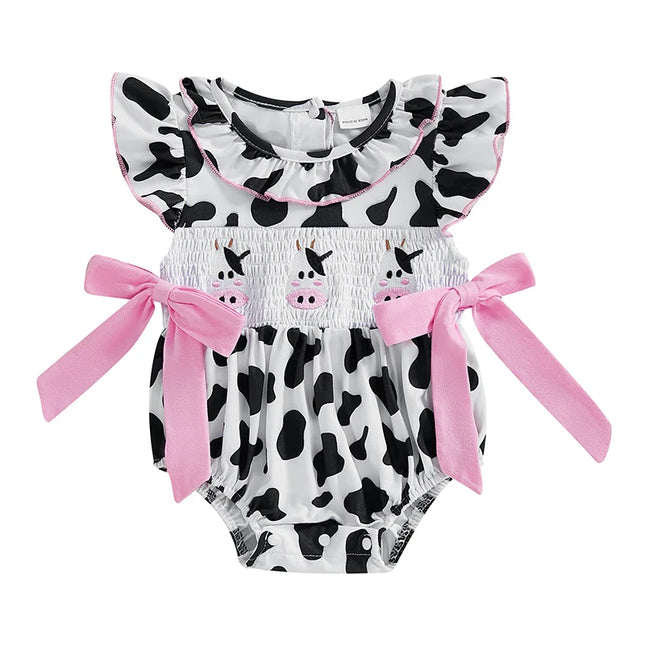 Pudcoco Baby Girl Summer Romper Ruffle Sleeveless Cow Embroidery Smocked Bodysuit Newborn Playsuit 0-18M