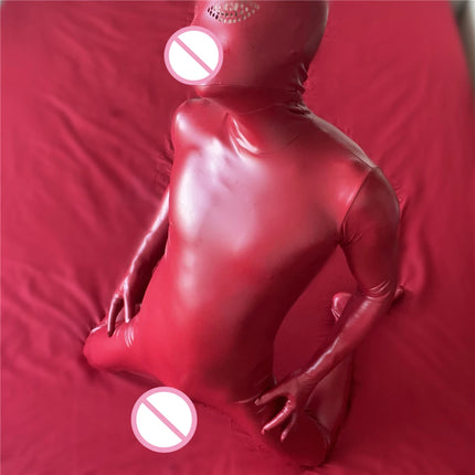 Faux Leather Bodysuit With Full Body Wrap Cosplay Full-Body Jumpsuit Hip Zip Unitard Zentai Catsuit Penis Sheath Close Ctsuit