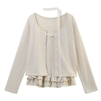 Korean Fashion Elegant Patchwork Lace Tops Slim Casual Long Sleeve Blouse 2000s American Vintage Sweet Pullover Chic
