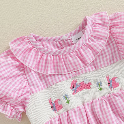 Citgeett Summer Infant Baby Girl Sweet Plaid Bodysuit Short Puff Sleeve Collar Bunny Embroidery Jumpsuit Clothes