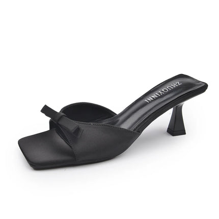 Designer Women Square Toe High Heel Slippers Fashion Butterfly-knot Dress Shoes Summer Stripper Mules Slides Zapatos De Mujer