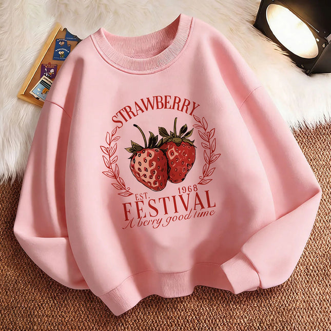 2026 Children's Sweatshirt Pullover Spring Strawberry Design Printed Crew Neck Graphic Print Hoodie Boy/Girl Kids Hoody