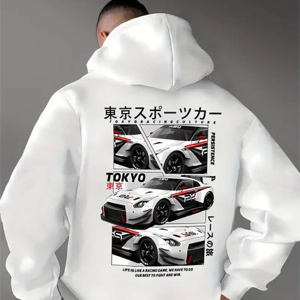 Men's new fashionable car printed casual street style hooded sweatshirt, sports shirt, warm and comfortable top