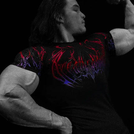 05-Men's Wing & Cross Print Compression Tight Fit Short Sleeve Sports Shirt Workout Tops Gym Compression High Stretch