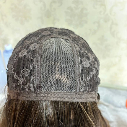 Short Straight Bob with Bangs Ombre Chocolate Brown with Blonde Streaks Synthetic Lace Front Wig Heat Resistant Fibre Wig Daily