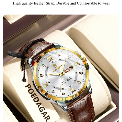 POEDAGAR Original Luxury Male Wristwatch Waterproof Luminous Date Week Men Watch High Quality Leather Quartz Men's Watches Reloj