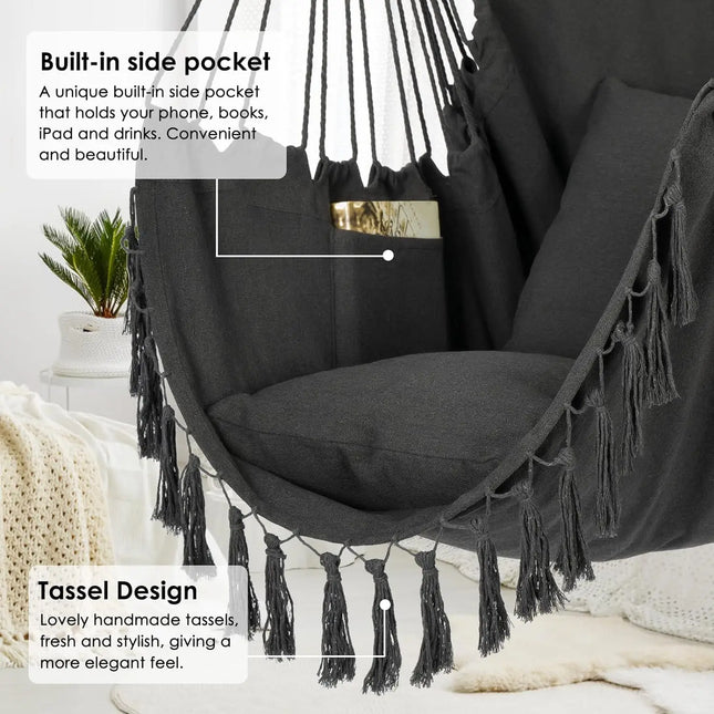 Macrame Hanging Chair with 2 Pillows | 500lb Capacity Cotton Rope Swing | Pocket Design Indoor/Outdoor Use