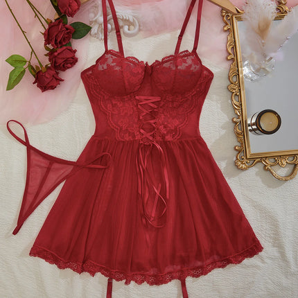 New Sexy Lingerie For Woman Women Lace Hollow Bodysuit Baby Doll Garters Dress Transparent  Deep V Open Bra And Panty Underwear