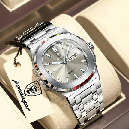 POEDAGAR Exquisite Fashion Men's Watches Waterproof Luminous Date Week Men Watch Stainless Steel Quartz Casual Classic Man Watch