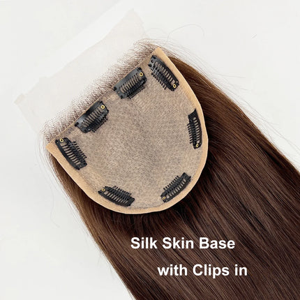 Medium Brown Silk Base Lace Closure With Clips In 5x5inch Silk Top Topper with Natural Bangs European Remy Human Hair Toupee