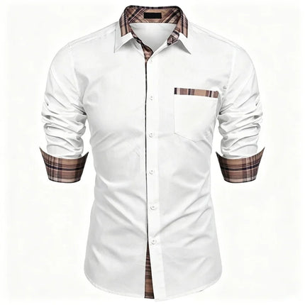 Men's shirt checkered contrasting long sleeved shirt, business casual button up shirt, personalized and trendy men's clothing