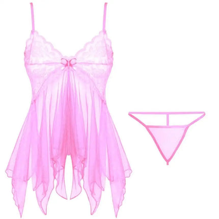 Women Lace Babydoll Lingerie Set Spaghetti Strap Sheer Nightwear Irregular Hem With Panties Sheer Floral Erotic Hot Sexy Costume