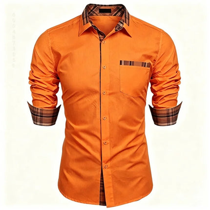 Men's shirt checkered contrasting long sleeved shirt, business casual button up shirt, personalized and trendy men's clothing