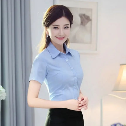 Summer White Short Sleeve Women's Professional Work Shirt Loose Fit Korean Style Plus Size OL Interview Top Button-Up Shirt