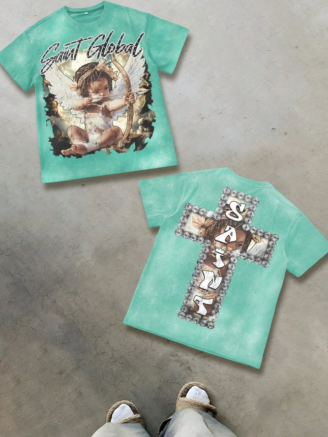 2026 Summer New Men's T-shirt with 3D Angel Pattern Print Street Casual Fashion Comfortable Soft Breathable Lightweight