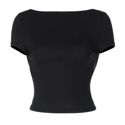 Women's O Neck Short Sleeve Backless Ruched Crop Top Y2K Streetwear Summer Spring Casual T-Shirt Dropshipping
