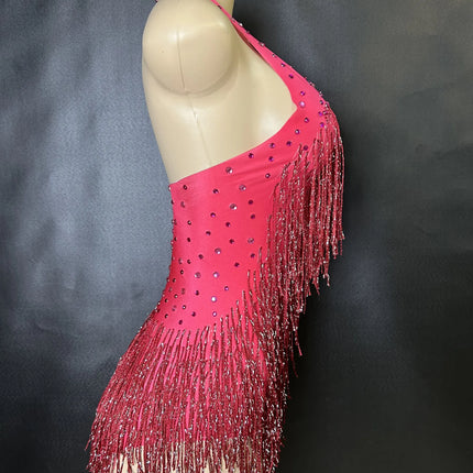 Sparkly Rhinestones Fringe Bodysuit Women Nightclub Party Dance Costume Stage Wear Sexy Tassel Leotard Performance Clothing 7G