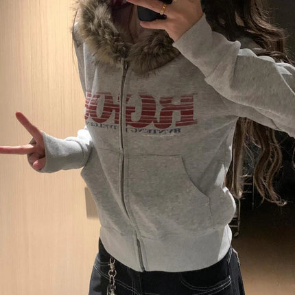 Women American Vintage Letter Print Jacket Antumn Winter Y2K Harajuku Faux Fur Hooede Hoodie Sweet Fashion Hot Girl Sweatshirt