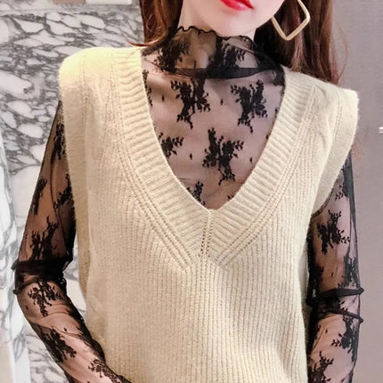 Sexy Black Hollow Out Mesh T-Shirt Transparent Mesh Female Tops Long Sleeve Basic Shirts SeeThrough Turtleneck Women Tshirts