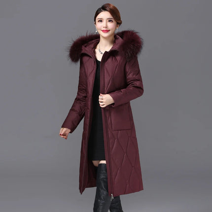 Shengyu Boya Over-The-Knee Long Down Jacket for Middle-Aged and Elderly Women, Thickened with Raccoon Fur Collar, New Winter Coat