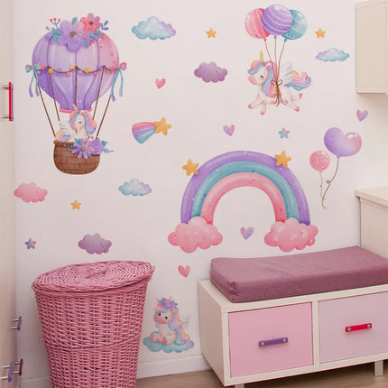 Rainbow Hot Air Balloon Unicorn Star Cloud Love Wall Decal Self-Adhesive Sticker for Girl's Bedroom Dormitory Decor