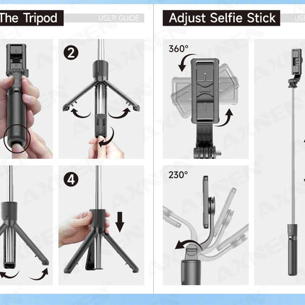 Selfie Stick Tripod with Detachable Bluetooth Remote, 360° Rotation,Extendable Pole, Fill Light Option, for iPhone Android Phone