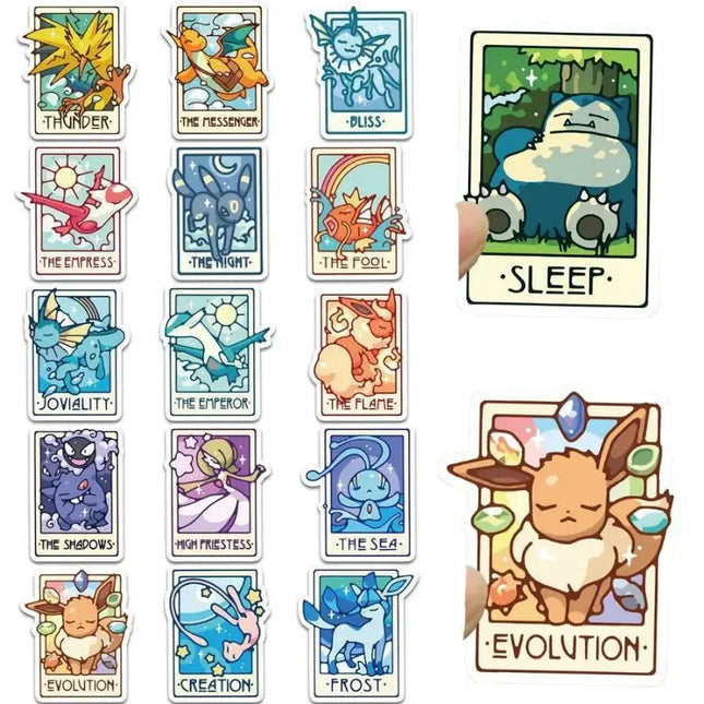 45Pcs/pack Pokemon Eevee Pikachu Tarot Card Stickers Anime Cartoon Vinyl Decals for Journal Laptop Water Bottle Decor Stickers