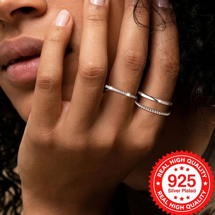 925 Silver Plated Stackable Rings Set Sparkling CZ High-Quality Elegant Finger Jewelry for Women Perfect for Daily Wear