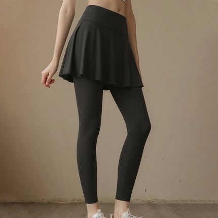 Ladies' summer solid color fashionable dress with pants, casual sports bottom skirt, pleated skirt running leggings casual pants