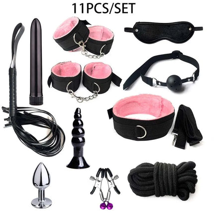 Erotic BDSM Kits for Couples - Sex Bondage Set with Handcuffs Gag Whip Nipple Clamps Anal Butt Plug Tail - Adult Toys for Women